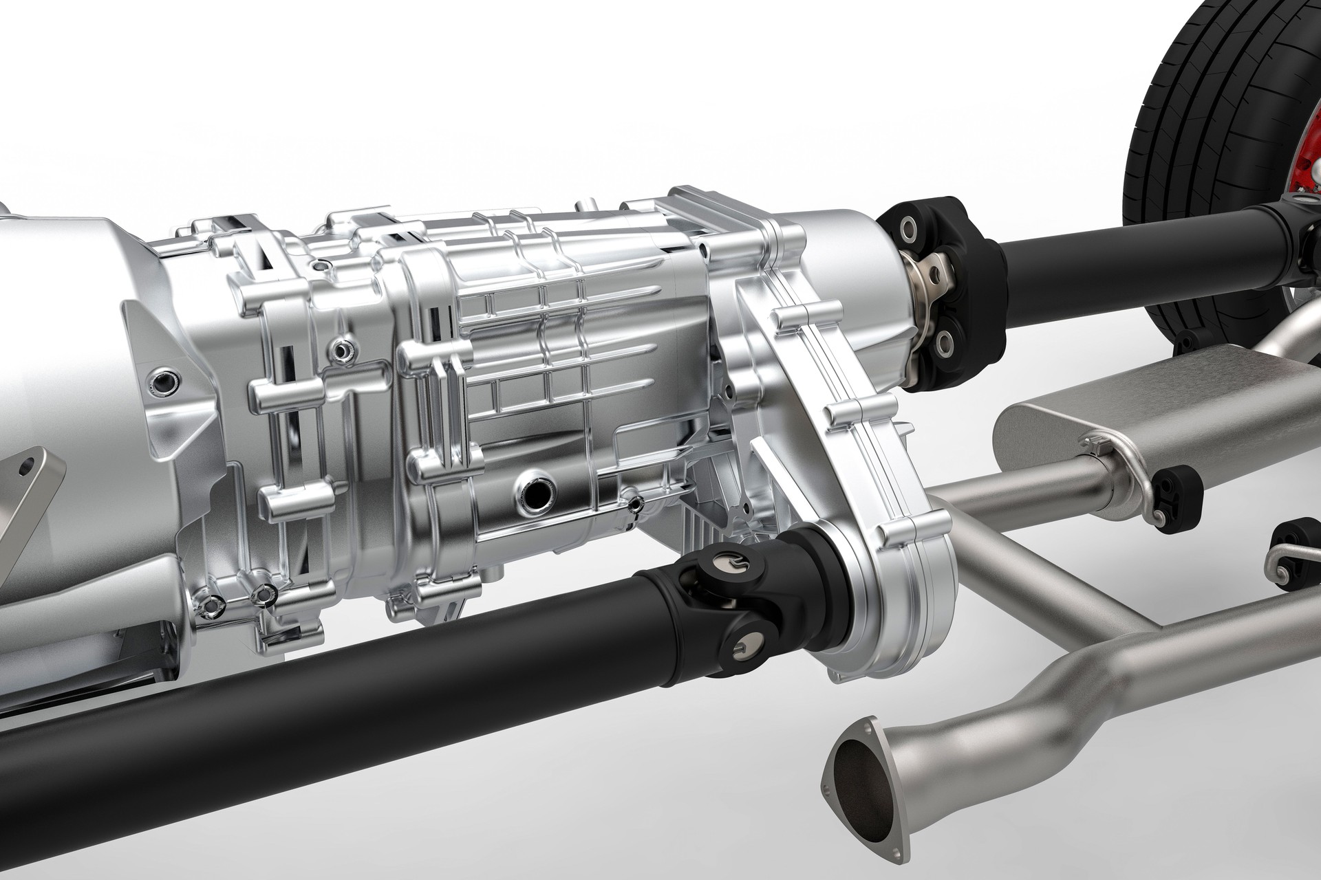 Transmission and transfer case with drive shafts. All wheel drive system.